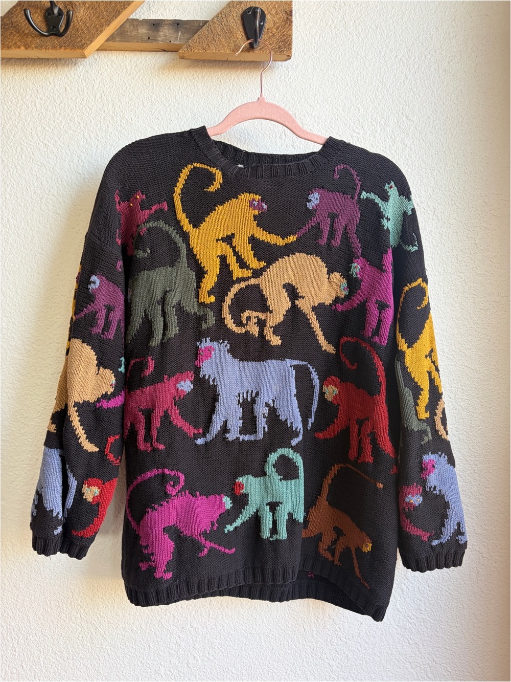 Vintage Worlds Apart Cotton Knit Colorful Monkey Sweater Medium